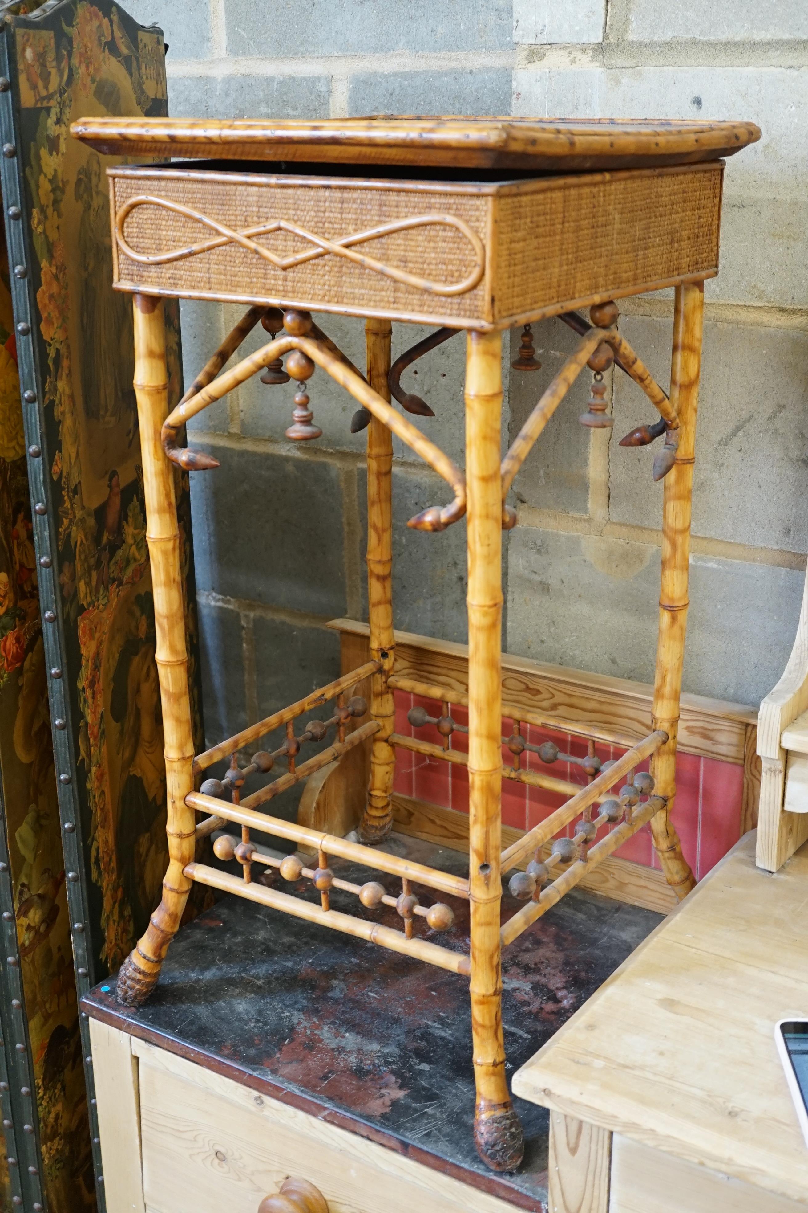 An Edwardian bamboo box top bedside table, width 41cm, height 80cm